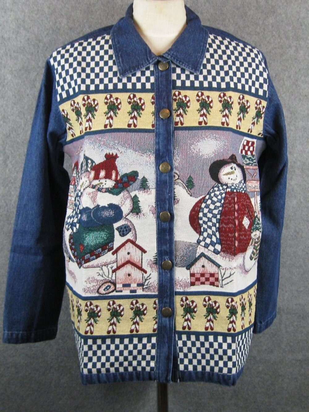 Quacker Factory Tapestry & Denim Christmas Snowman Jacket M Blue